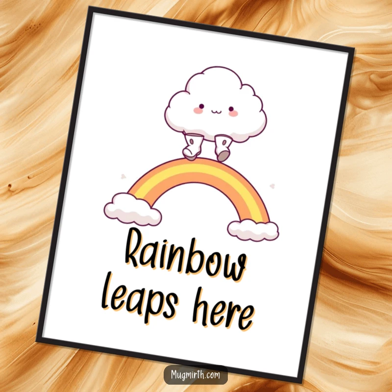 Funny fluffy cloud character in little boots, leaping high over a colorful rainbow for wall art. A whimsical and funny poster.