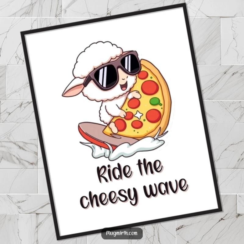 Funny Poster: A sheep wearing oversized sunglasses surfs a giant pizza slice with cool attitude. Quirky and a funny gift.