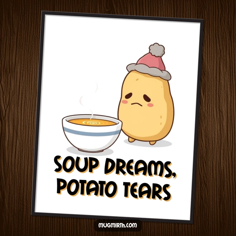 Funny Sad Potato Poster: Art print of a sad potato in a hat, wistfully dreaming of a steaming bowl of comforting soup.
