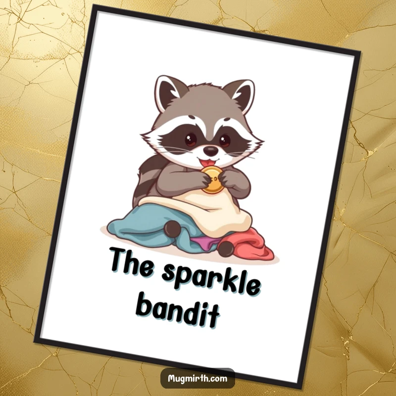 Funny Raccoon Poster: A detailed illustration shows a mischievous raccoon making off with a shiny button from a pile.