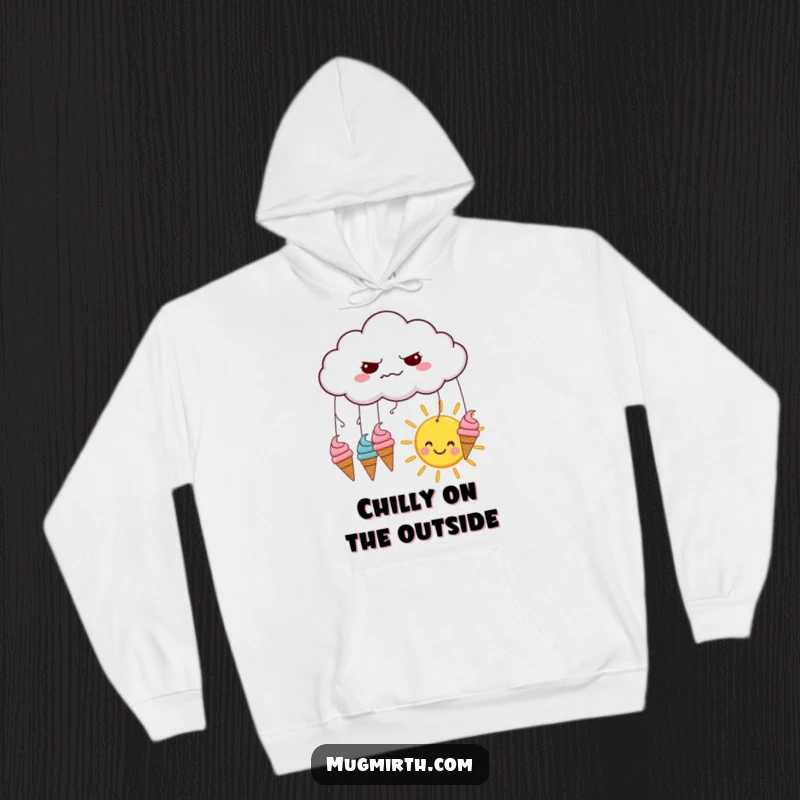 Funny hoodie design: a grumpy cloud rains ice cream cones onto a happy sun, symbolizing sweet surprises.
