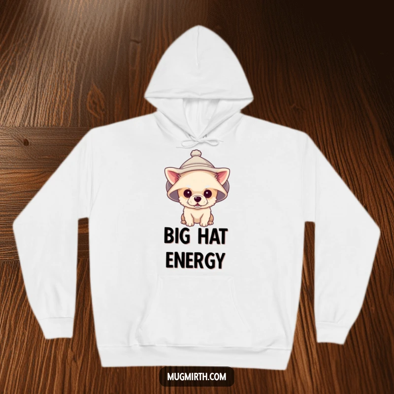 Funny hoodie showing a tiny dog adorably overwhelmed by a giant hat, offering warmth and smiles.