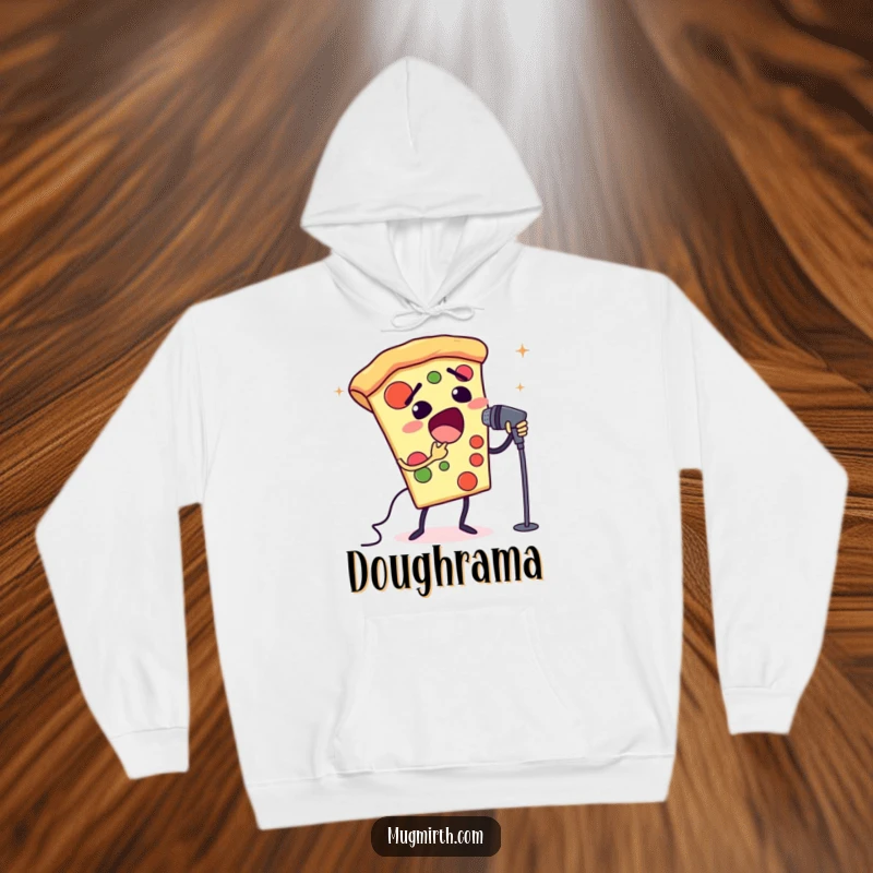 Funny opera pizza hoodie featuring a slice of pizza singing opera into a microphone. Cozy and humorous.