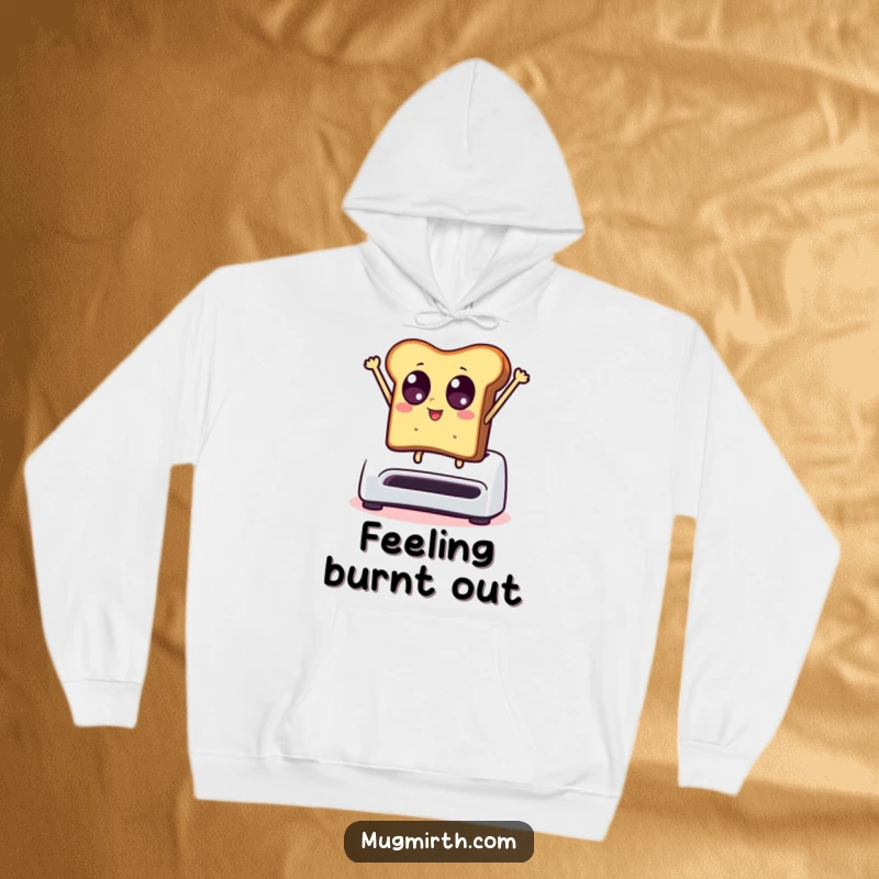 Funny hoodie design: toast with wide eyes leaps dramatically from a toaster, symbolizing morning excitement and warmth.
