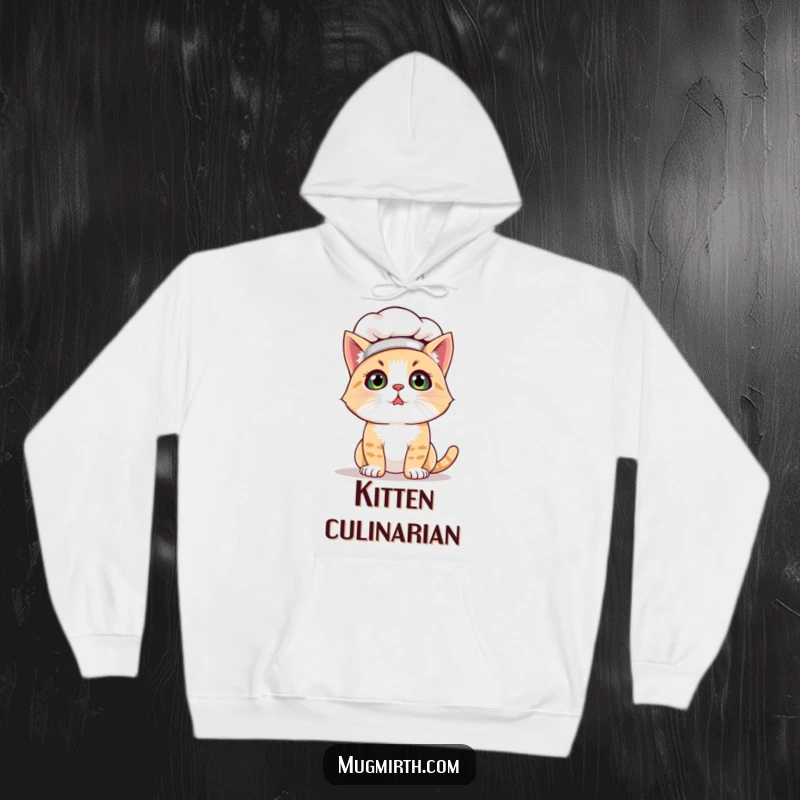 Funny cat chef hoodie featuring a bewildered cat in a chef hat, dusted with flour, exuding comical kitchen confusion. Great funny gift.