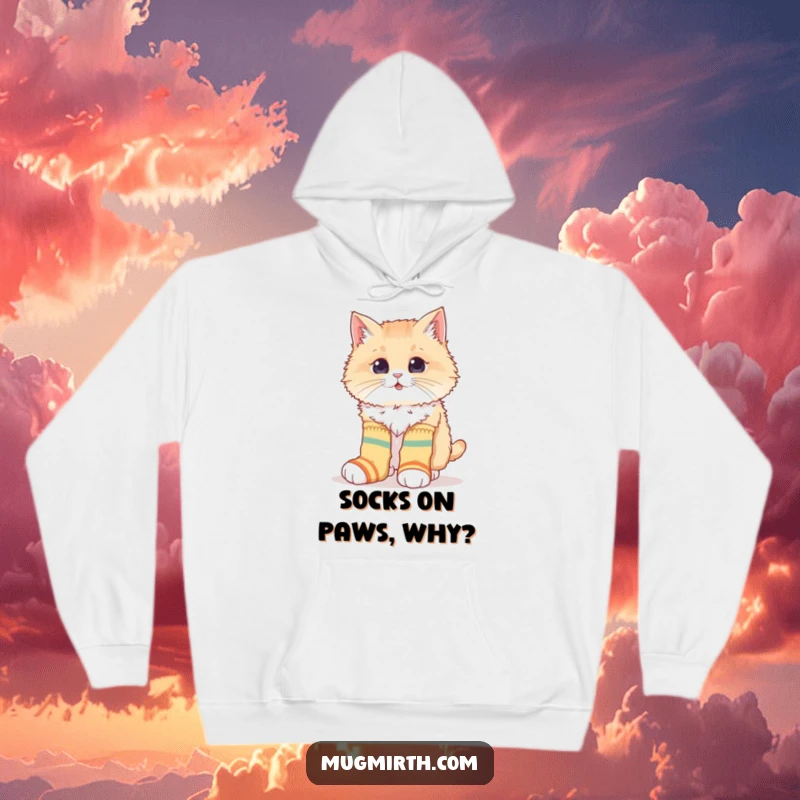 Funny hoodie with a fluffy cat hilariously trying to wear mismatched socks, offering cozy comfort and comical charm.