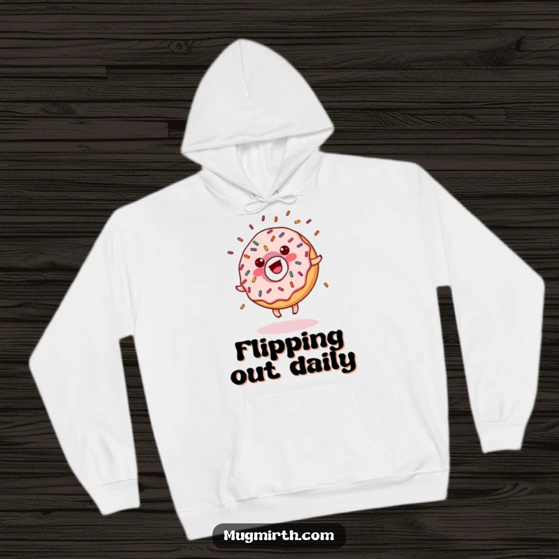 Funny donut hoodie with sprinkles doing a cartwheel, glaze mid-air, a warm and humorous apparel item for pastry lovers.