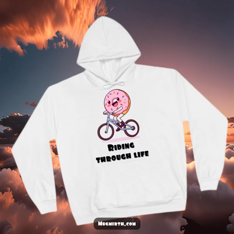 Funny donut hoodie, a donut character riding a tiny unicycle, wobbling hilariously, exuding sweet charm and fun.