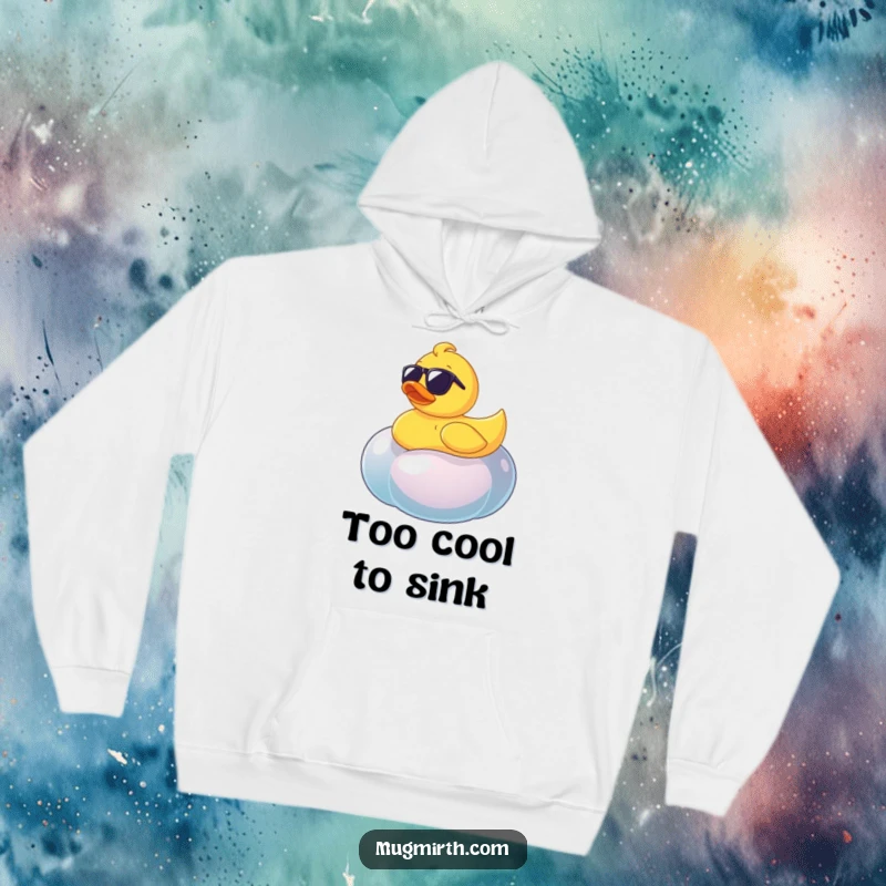 Funny rubber ducky wearing sunglasses on a huge wobbly jellybean, a cozy and humorous hoodie for all.