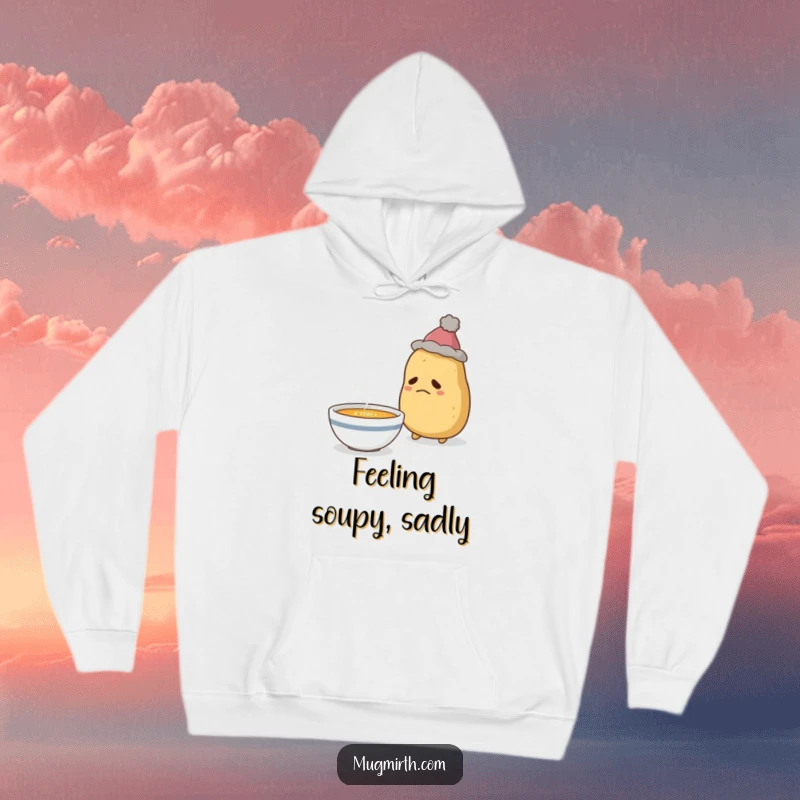 Funny Sad Potato Hoodie: Cozy hoodie depicting a sad potato in a hat, wistfully eyeing a steaming bowl of soup.