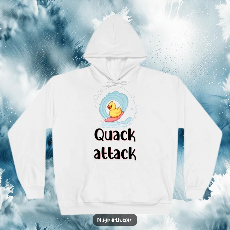 Funny surfing rubber duck hoodie featuring a duck riding a bubble bath wave. Cozy and humorous loungewear.