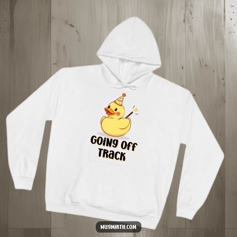 Funny hoodie design: a rubber duck in a party hat is launched from a slingshot, symbolizing playful launches.