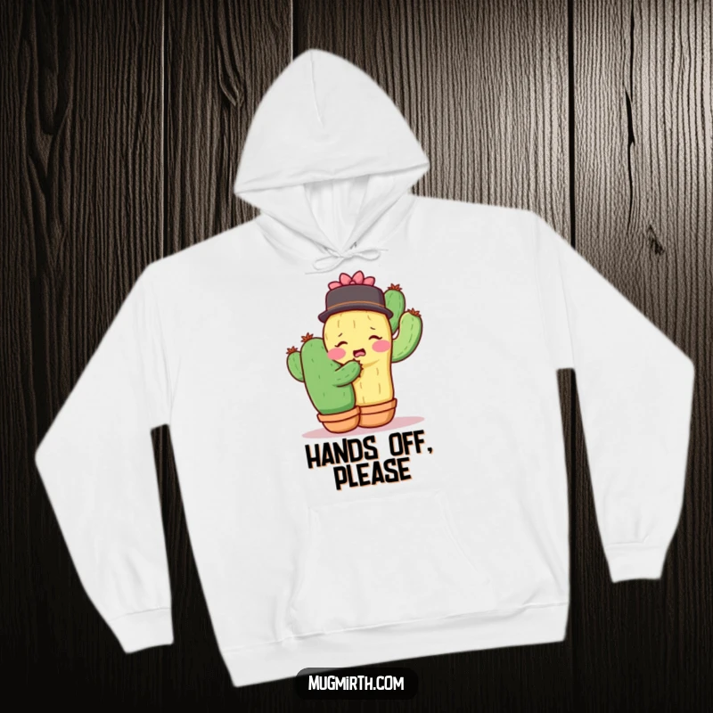 Funny shy cactus attempting and then recoiling from a cactus hug, a warm and humorous hoodie.