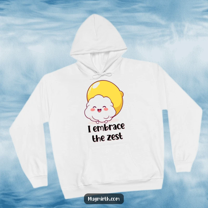 Funny Cloud and Lemon Hug Hoodie: A warm, soft hoodie with a funny design of a fluffy cloud character being joyfully squeezed by a giant lemon.