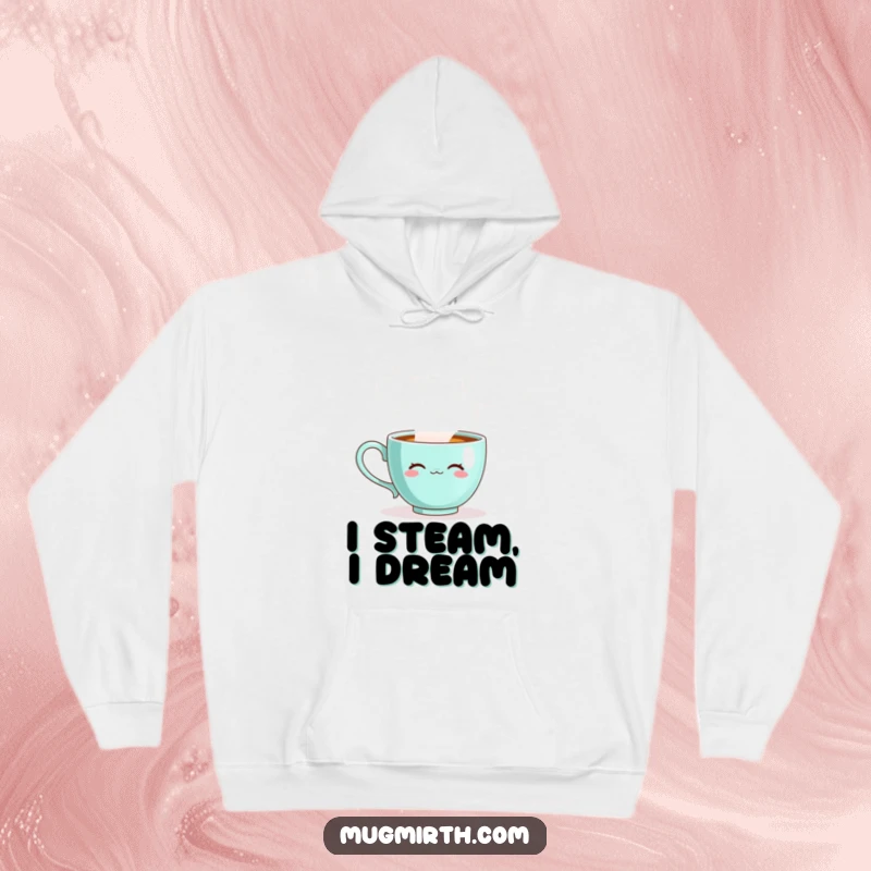 Funny teacup hoodie, a sentient cup releasing massive steam bubbles, offering warmth and whimsical humor.