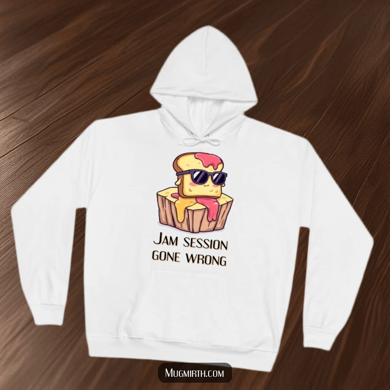 Funny hoodie design with toast wearing sunglasses, comically falling off a jam cliff, ideal for humorous casual wear.