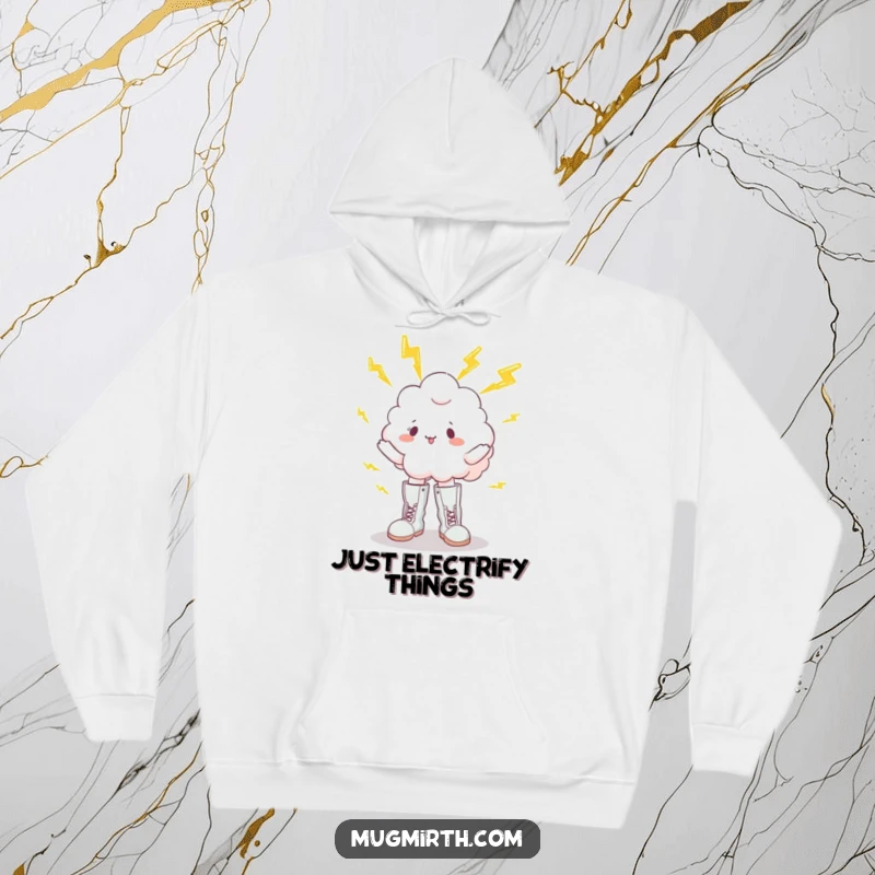 Funny hoodie design showcasing a cartoon cloud wearing large boots, comically juggling bright lightning bolts, perfect for humor lovers.