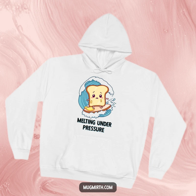 Funny toast hoodie, butter dripping, bewildered expression, surfing a huge wave, a comfortable and amusing piece of apparel.