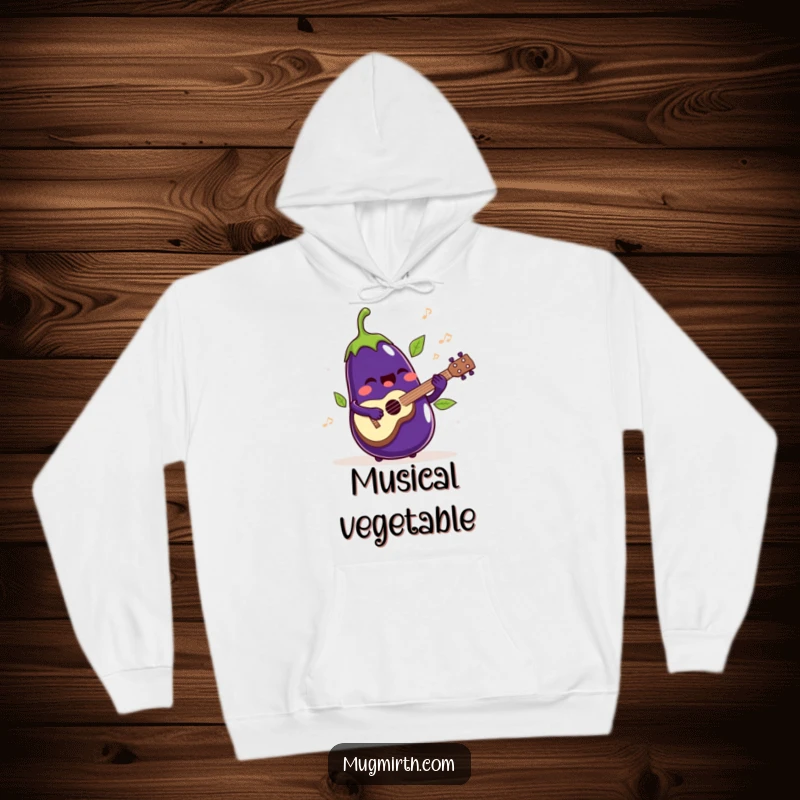 Funny Hoodie: A singing eggplant playing a ukulele with its leaves dancing rhythmically.