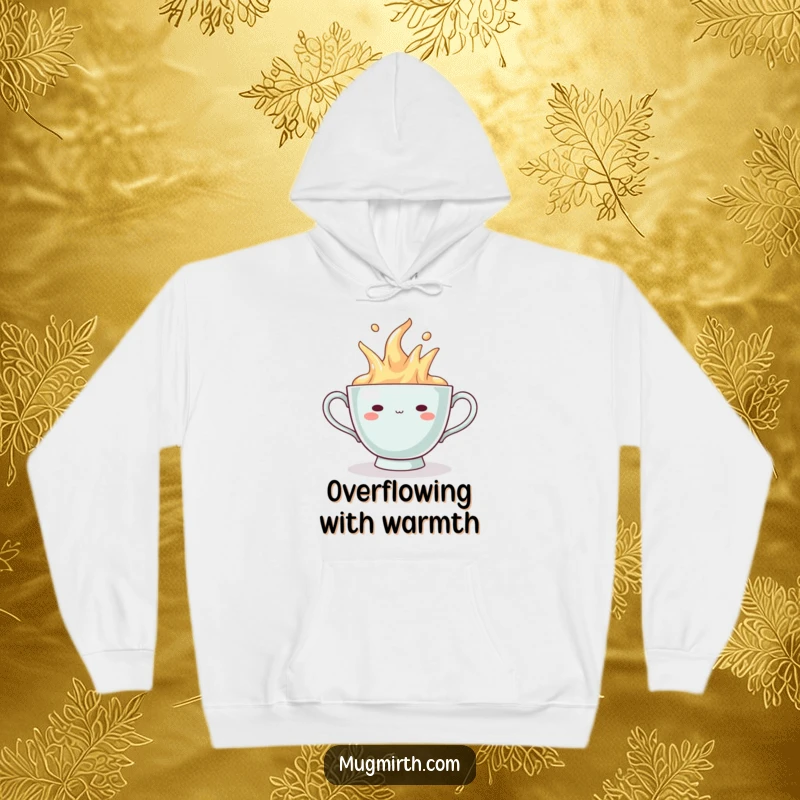 Funny Hoodie: A cozy sweatshirt showcasing a smugly grinning teacup that is humorously overflowing.