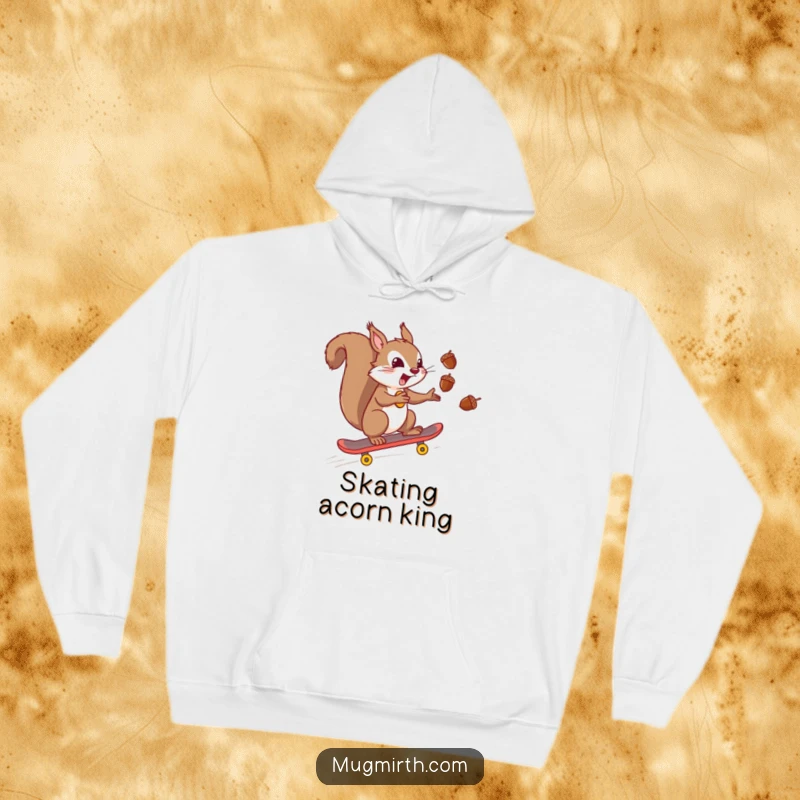 Funny mischievous squirrel juggling acorns while riding a skateboard downhill, designed for warmth and style. A comfortable and funny hoodie.