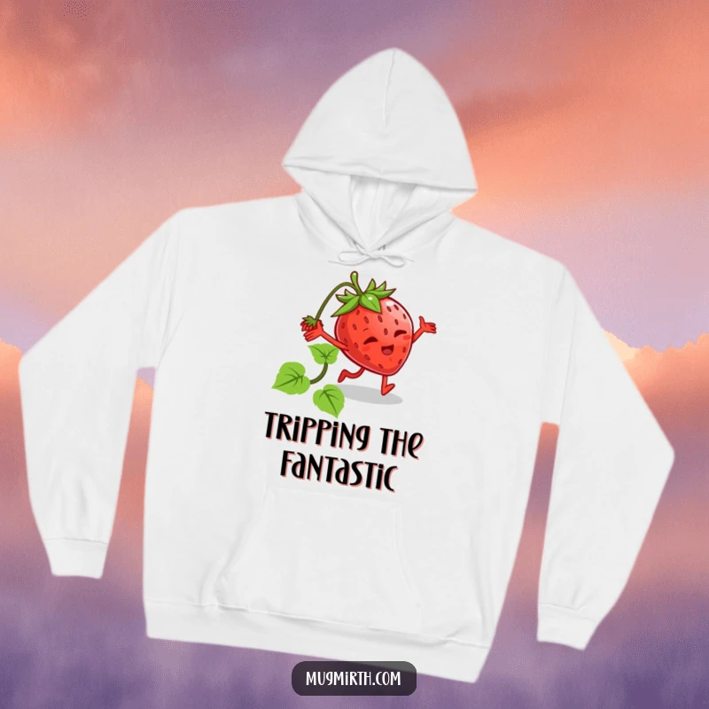 Funny tripping strawberry hoodie showing a cartoon strawberry with arms and legs, tripped by its vine. Comfortable and humorous.