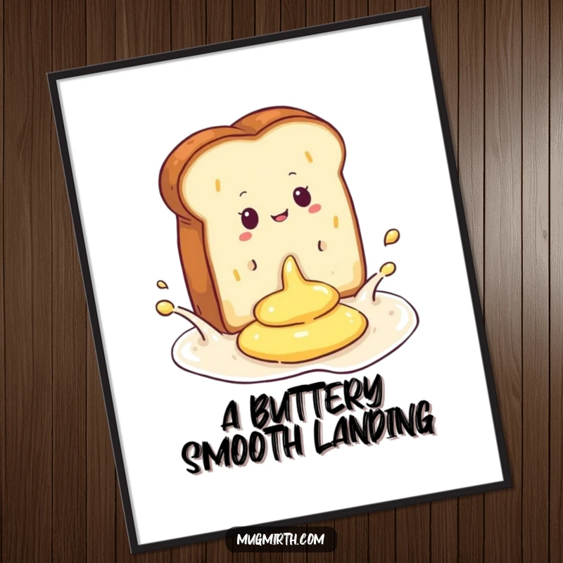 Funny free printable wall art of a toast slice dramatically splashing into a pool of butter.