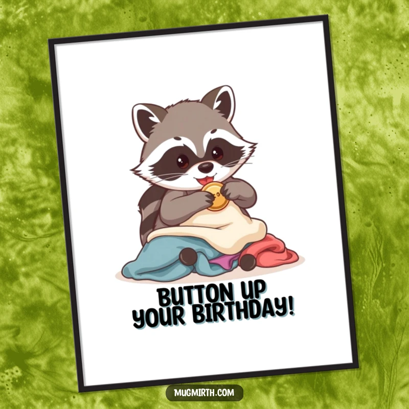 Funny Free Printable Wall Art: A sly raccoon joyfully clutches a stolen shiny button, bringing humor to any room.