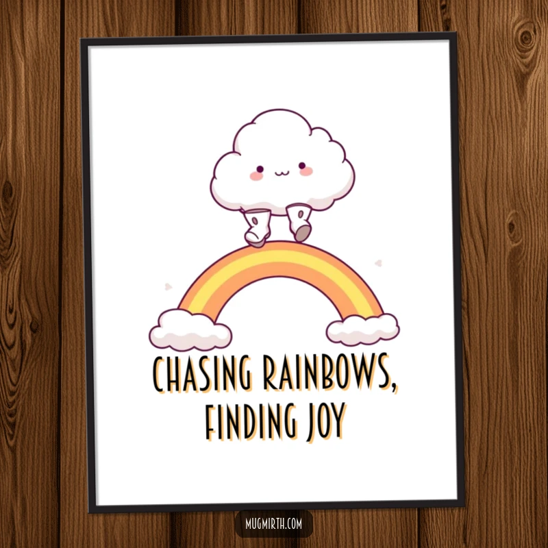 Funny Free Printable Wall Art: A fluffy cloud wearing tiny boots excitedly leaps over a rainbow.