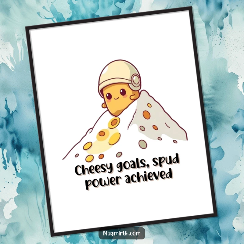 Funny Free Printable Wall Art: A determined potato wearing a tiny helmet desperately climbs a massive mountain of cheese, creating unique art.