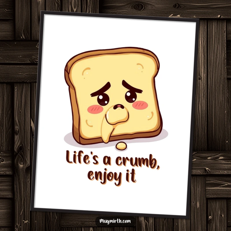 Funny Free Printable Wall Art: A slice of toast with a concerned expression falling butter-side down, depicting breakfast humor for decor.