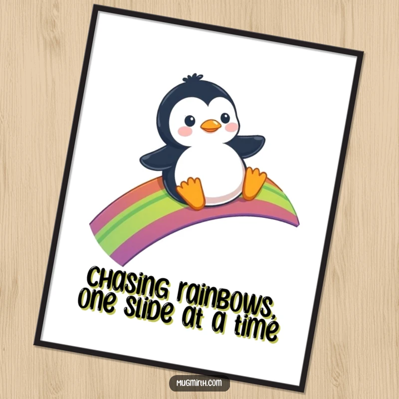 Funny Free Printable Wall Art: A happy penguin belly-sliding down a colorful rainbow with pure delight.