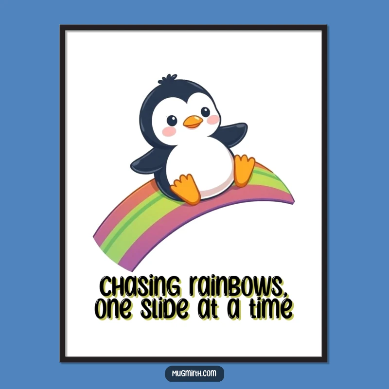 Free Printable Wall Art: Penguin Rainbow Slide - Funny Whimsical Downloadable Decor