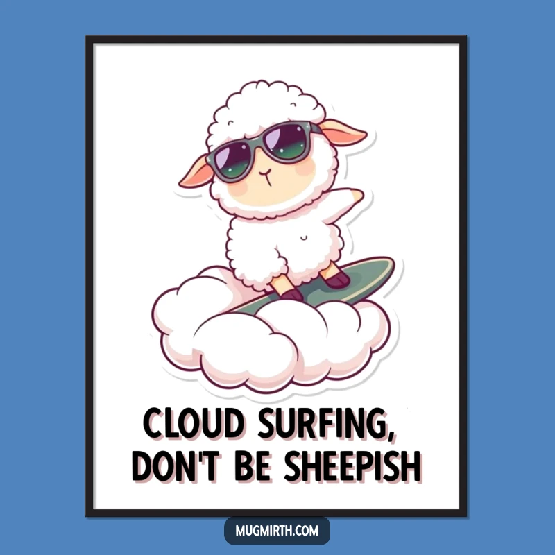 Free Printable Wall Art: Surfing Sheep on Cloud, Funny Downloadable Chill Decor