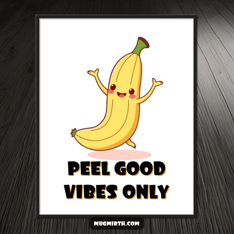 Funny free printable wall art of a dancing banana hilariously slipping on a peel but maintaining a cheerful smile.