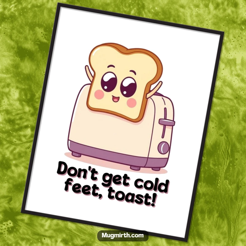 Funny Free Printable wall art depicting a googly-eyed toast character making a frantic leap into a toaster, bringing breakfast humor home.