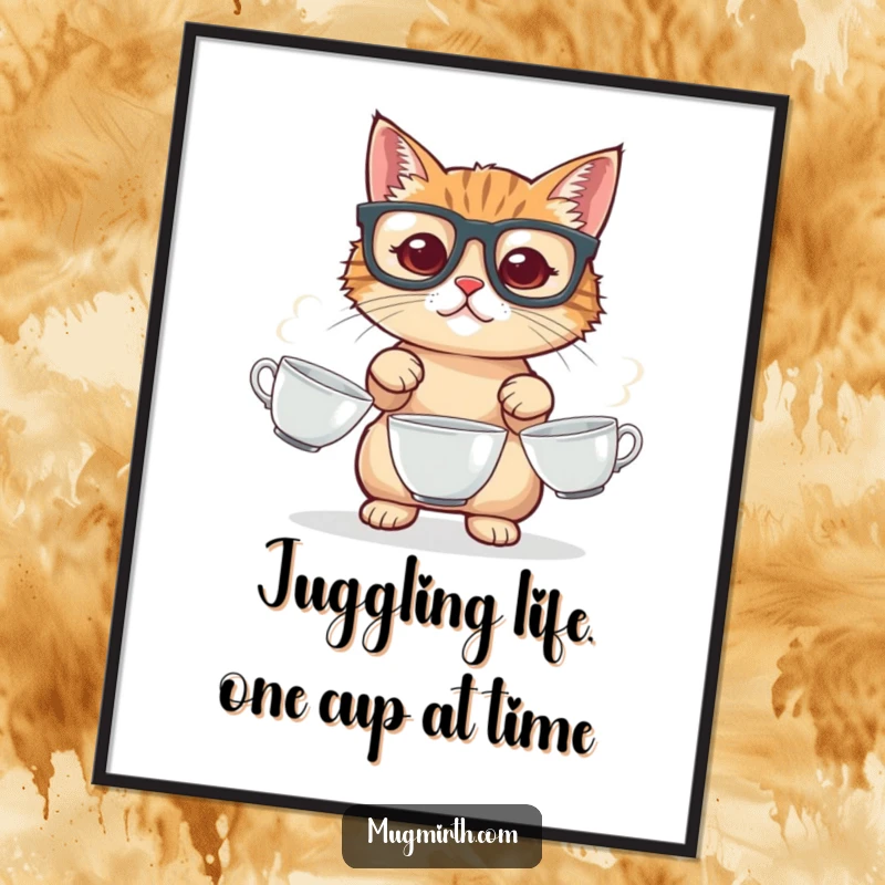 Funny Free Printable Wall Art: A cat wearing large glasses precariously juggles three spinning teacups, adding quirky charm.