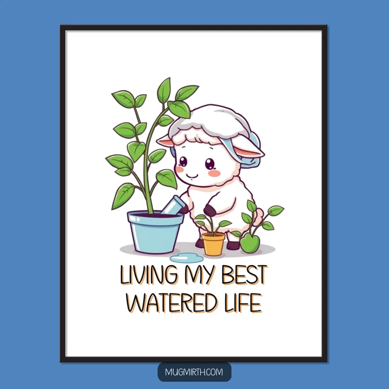 Free Printable Wall Art: Funny Sheep Shower Cap Watering Plant, Downloadable Decor