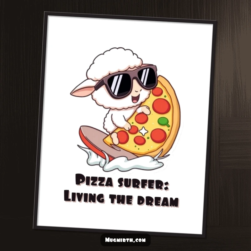 Funny Free Printable Wall Art: Sheep in sunglasses surfing pizza, hilariously cool decor.