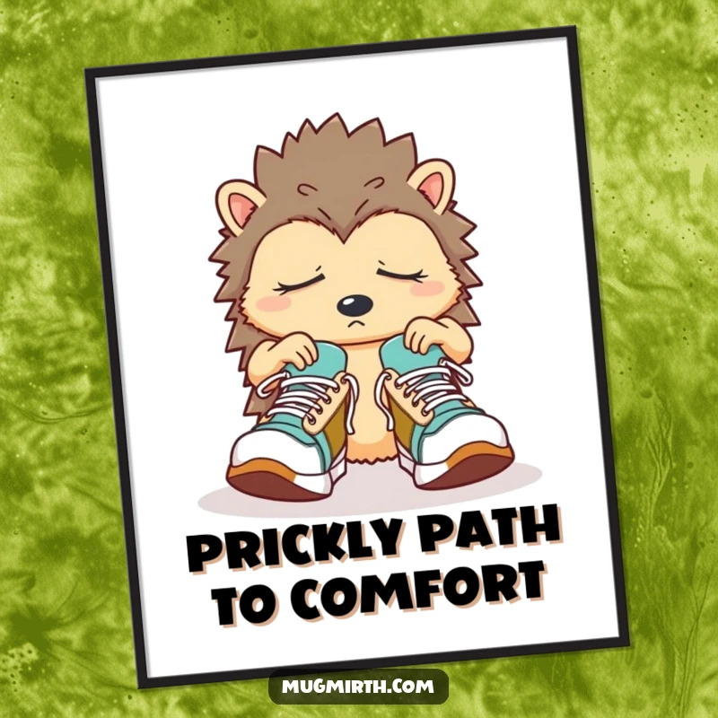 Funny Free Printable Wall Art of a sleepy hedgehog hilariously struggling to put on oversized sneakers, a picture of adorable confusion.