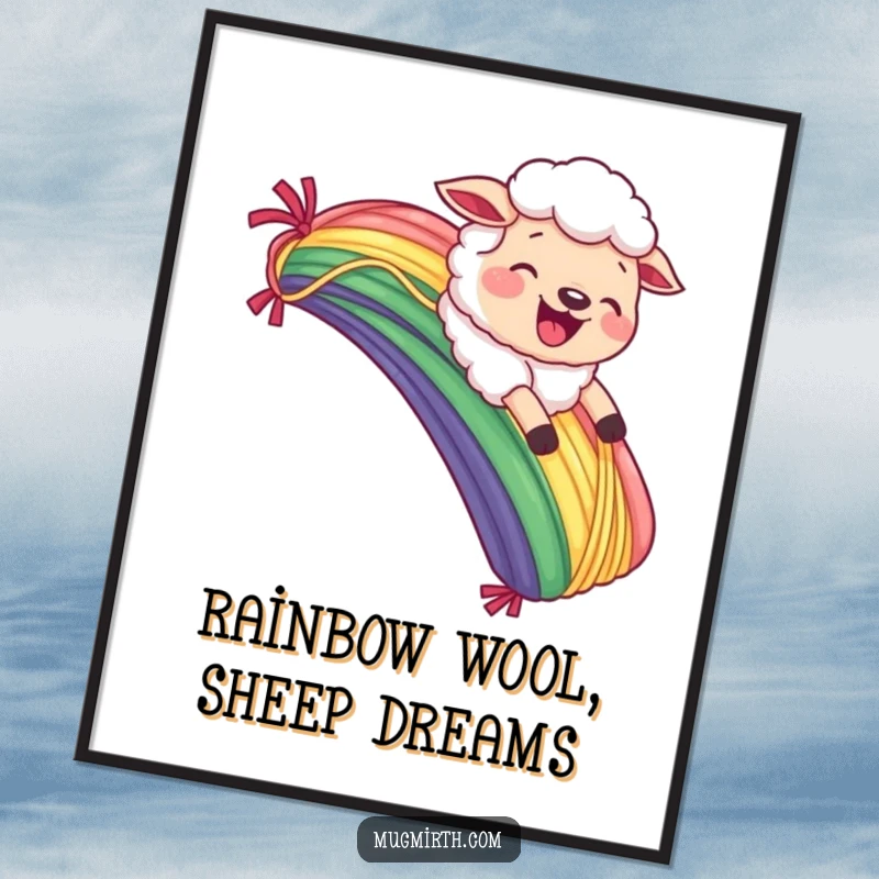 Free Printable Wall Art: A sheep joyfully slides down a bright rainbow crafted entirely from yarn.