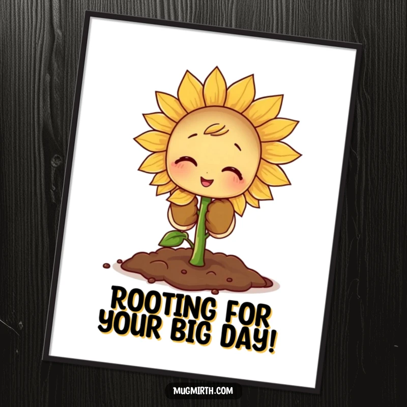 Funny Free Printable Wall Art: A tiny sprout in oversized gloves bravely planting a giant sunflower seed, humorous and sweet.