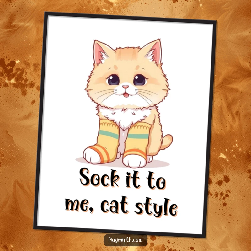 Funny Free Printable Wall Art: A fluffy cat humorously attempts to put on large, mismatched socks.