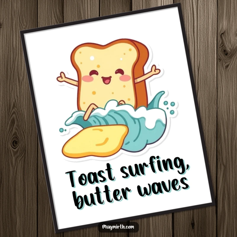 Free Printable Wall Art: A piece of toast with legs confidently surfs a large, rolling wave of butter.