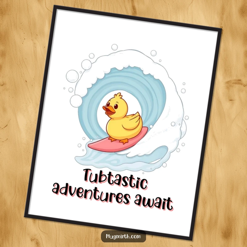 Funny free printable wall art: A rubber duck shredding a huge wave made of bubbly bathwater, full of action.