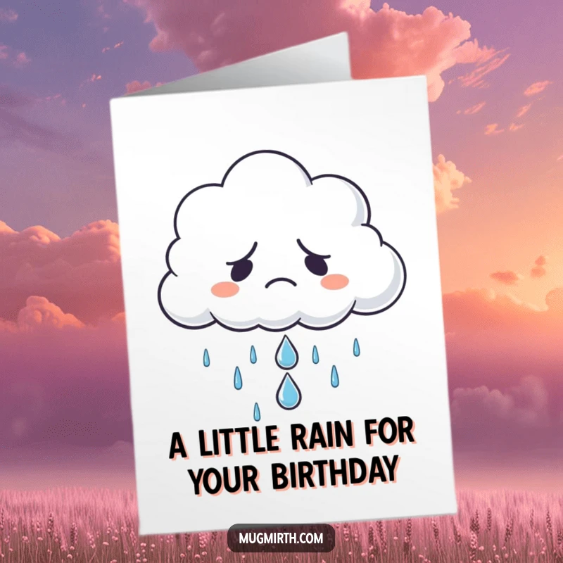 Funny free printable birthday card: Grumpy cloud refuses to rain, offers one sad raindrop, a quirky DIY gift.