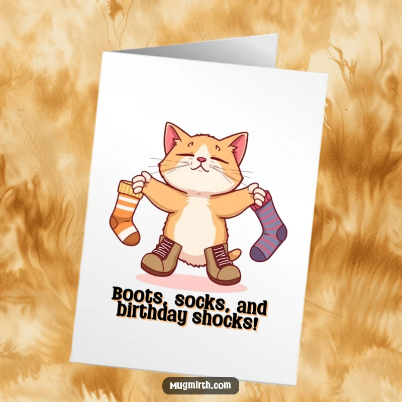 Funny Free Printable Birthday Card: Bewildered cat in oversized boots clumsily juggles socks, causing birthday chaos and smiles.