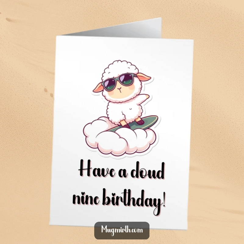 Funny Free Printable Birthday Card with a fluffy sheep in sunglasses surfing a cloud, celebrating with ultimate chill vibes.