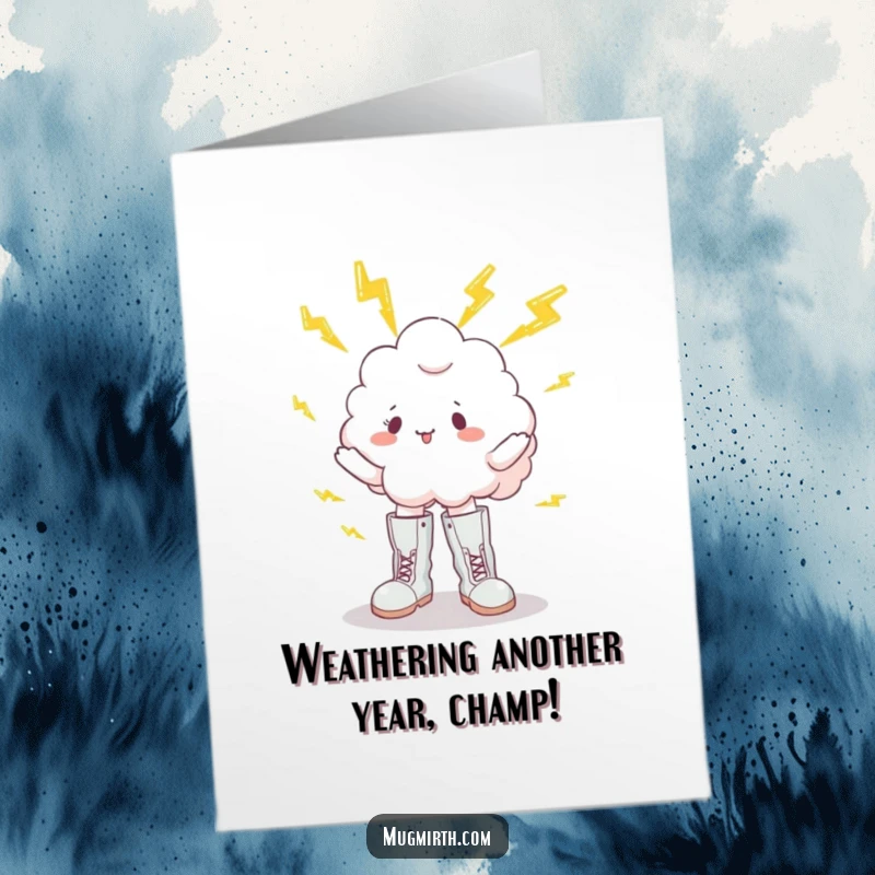 Funny free printable birthday card featuring a fluffy cloud in boots juggling lightning bolts with chaotic joy.