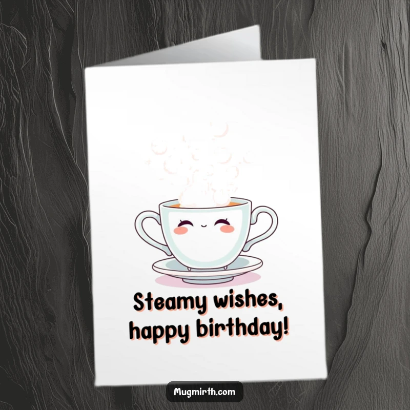 Funny Free Printable Birthday Card featuring a sentient teacup joyfully blowing huge steam bubbles, perfect for a quirky celebration.